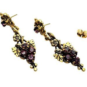 Avon Gold-Tone Dangle Drop Earrings Purple Rhinestones Grape Motif Vtg MCM